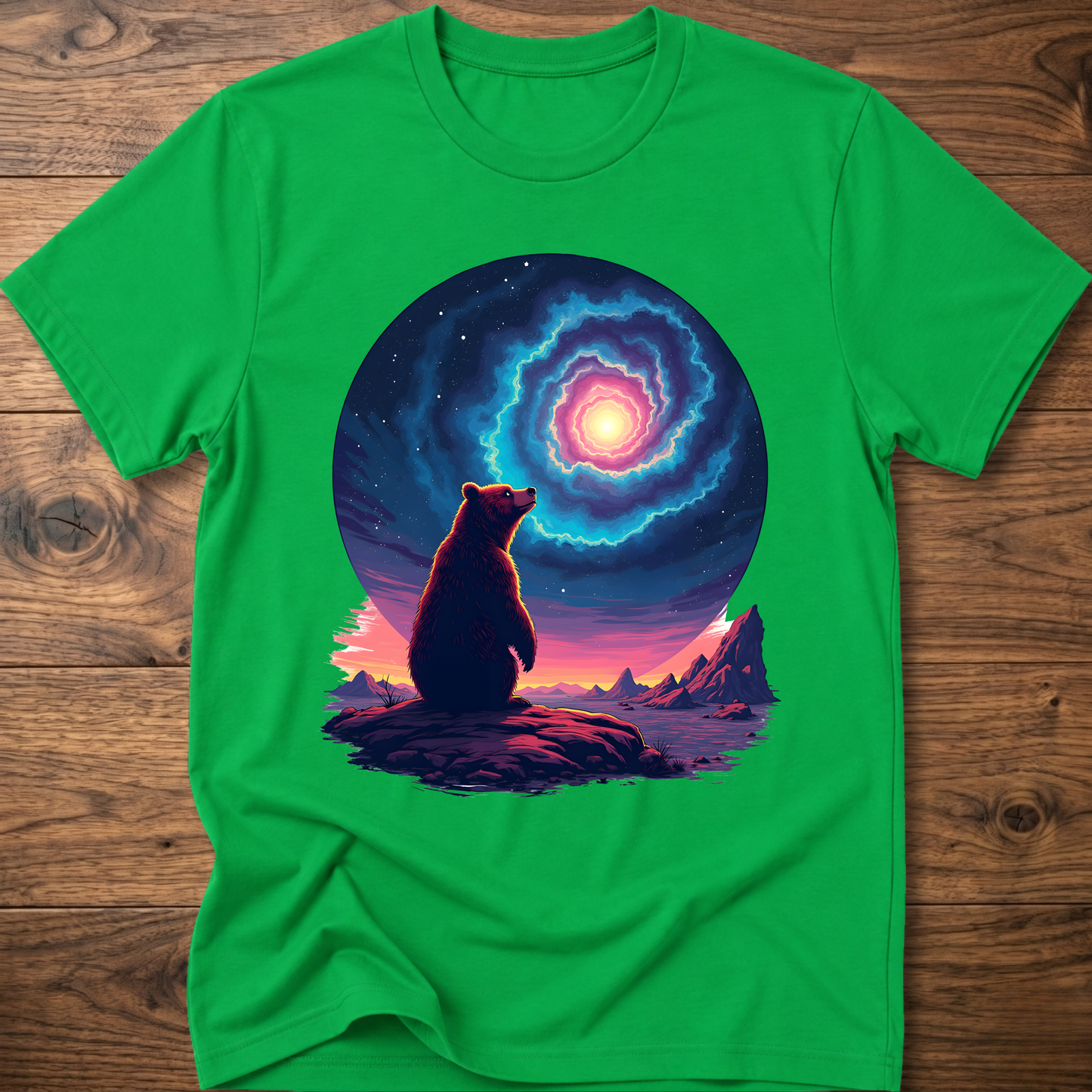 Irish green T-shirt with galaxy bear artwork and bright glowing portal ring graphic