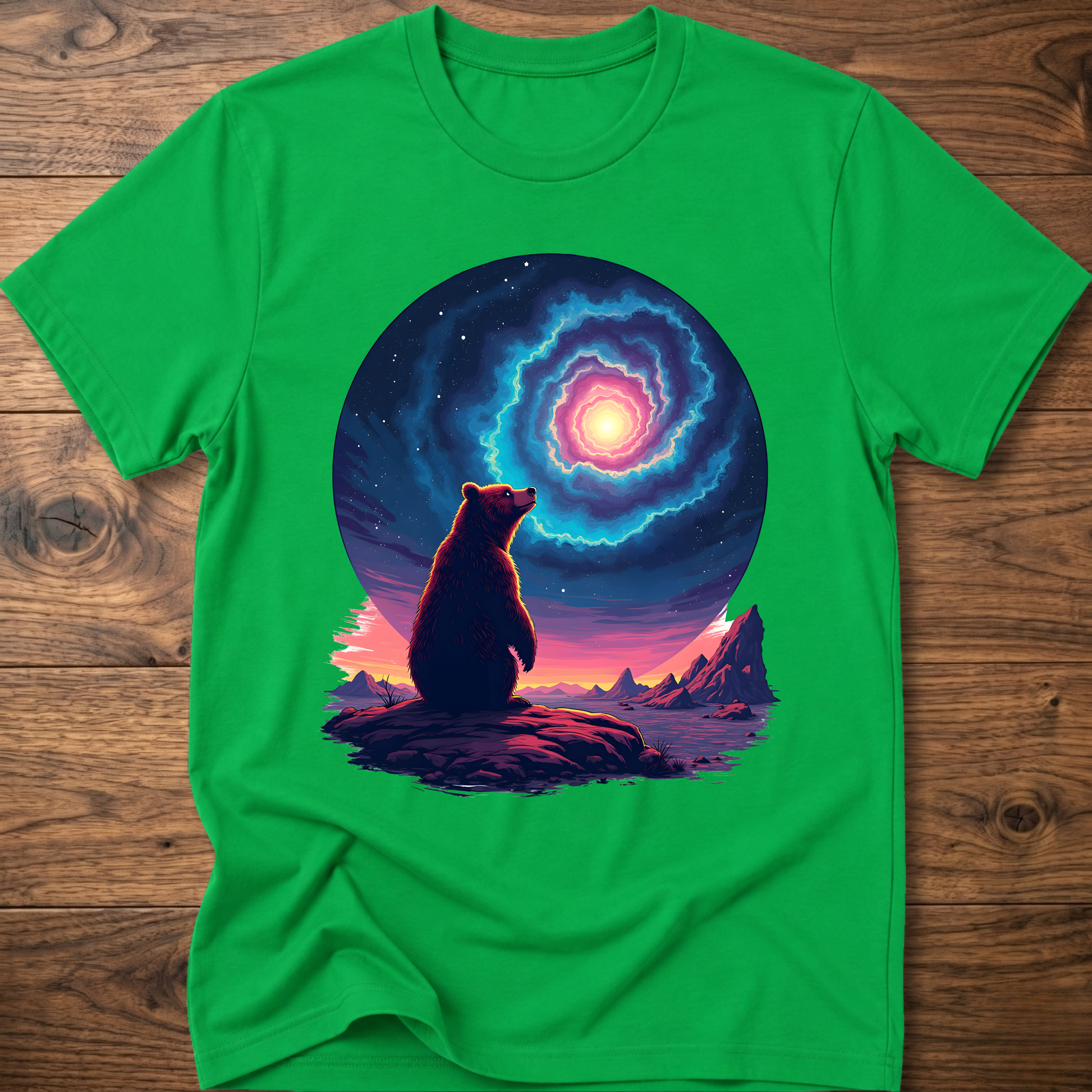 Irish green T-shirt with galaxy bear artwork and bright glowing portal ring graphic