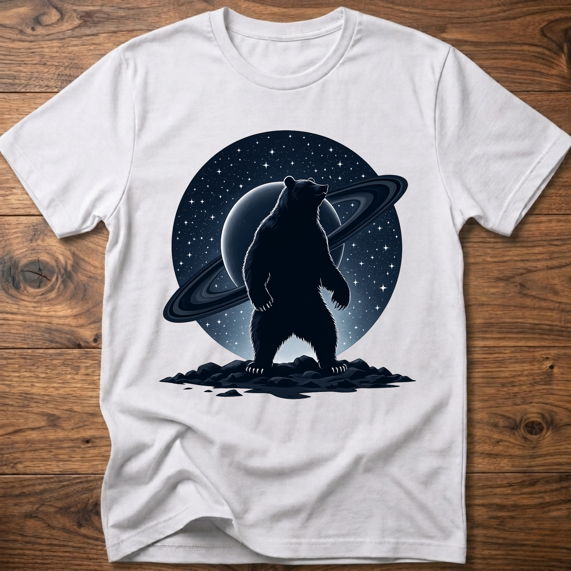 White T-shirt with black Saturn bear graphic on the front