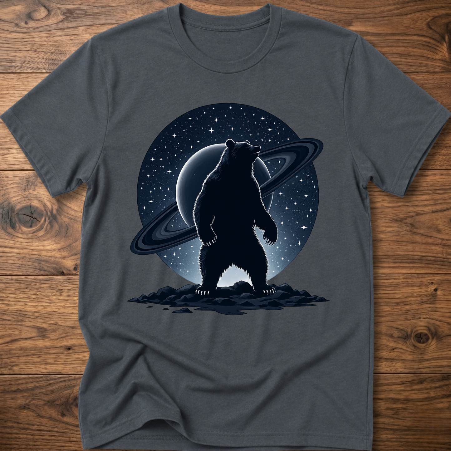 Charcoal gray T-shirt with black Saturn bear graphic on the front