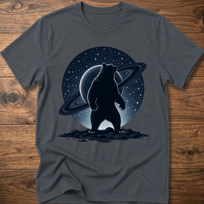 Charcoal gray T-shirt with black Saturn bear graphic on the front
