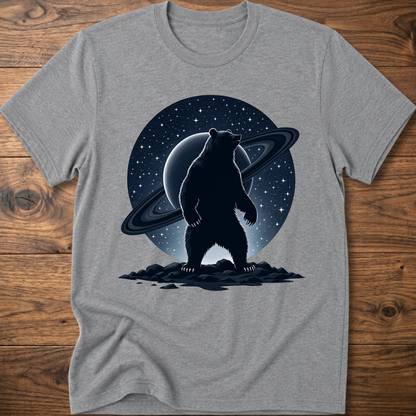 Heather gray T-shirt with black Saturn bear graphic on the front