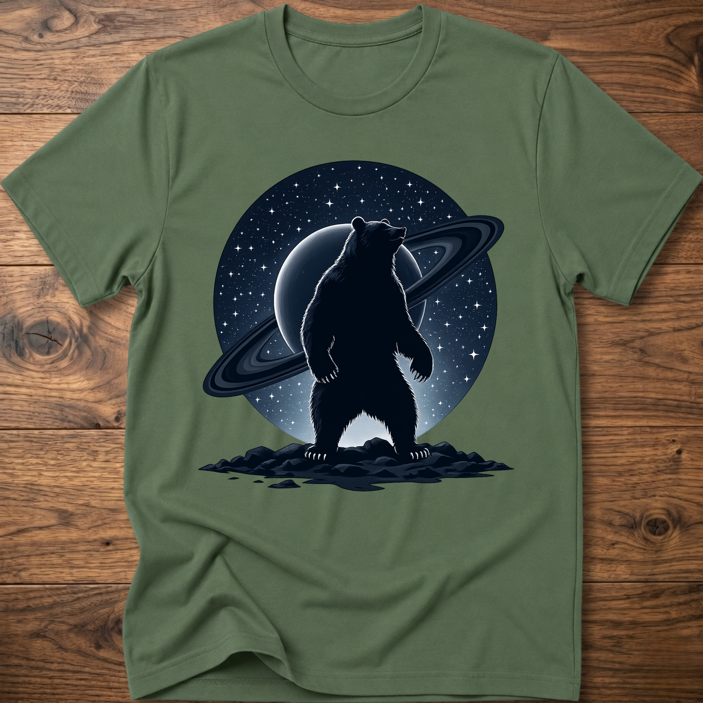 Olive green T-shirt with black Saturn bear graphic on the front