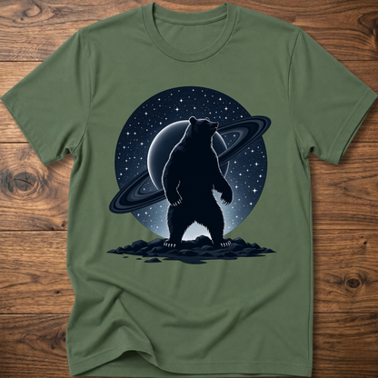 Olive green T-shirt with black Saturn bear graphic on the front