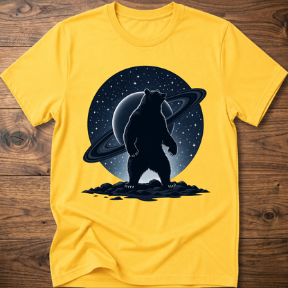 Yellow T-shirt with black Saturn bear graphic on the front