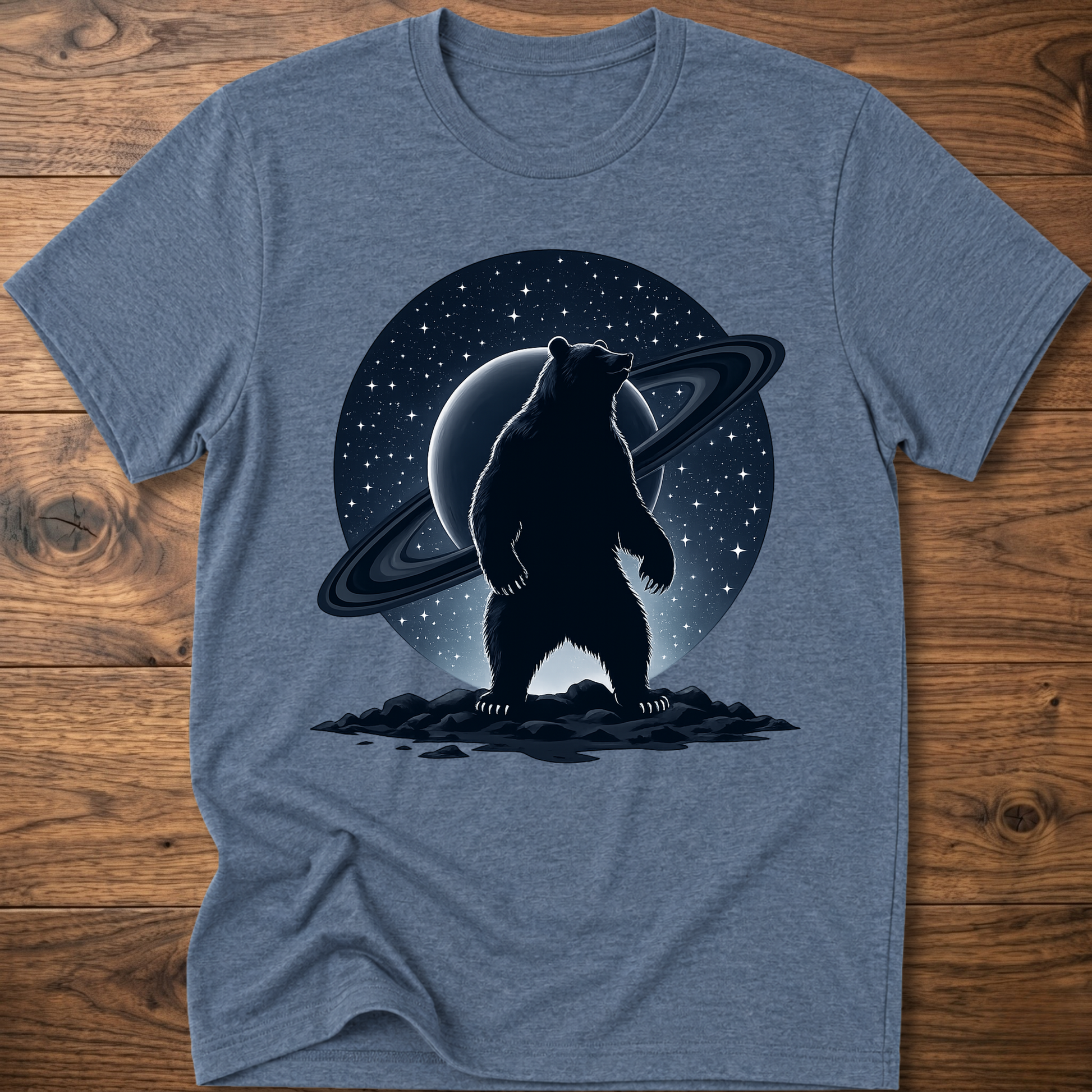 Heather blue T-shirt with black Saturn bear graphic on the front