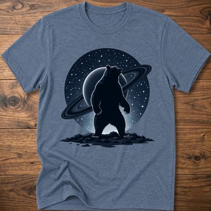Heather blue T-shirt with black Saturn bear graphic on the front