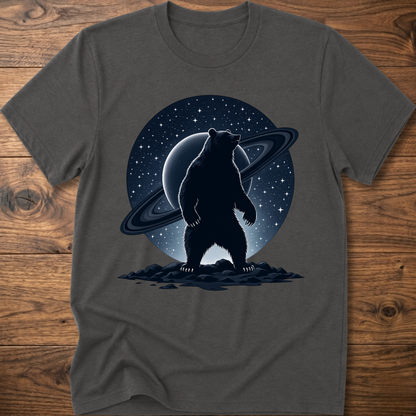 Dark charcoal gray T-shirt with black Saturn bear graphic on the front