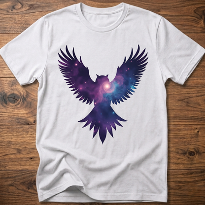 White crew-neck T-shirt with galaxy owl wings graphic in purple and blue