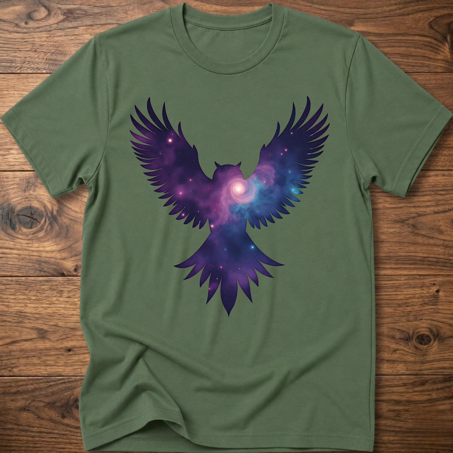 Military green crew-neck T-shirt with galaxy owl wings graphic in purple and blue