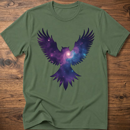 Military green crew-neck T-shirt with galaxy owl wings graphic in purple and blue