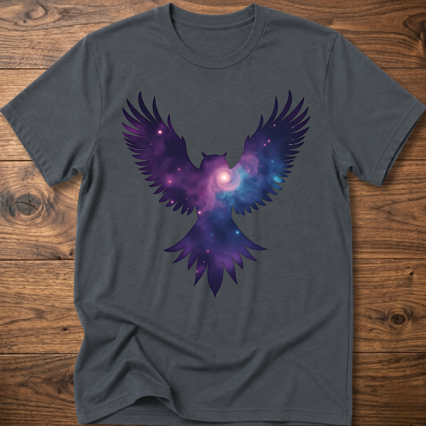 Dark gray crew-neck T-shirt with galaxy owl wings graphic in purple and blue