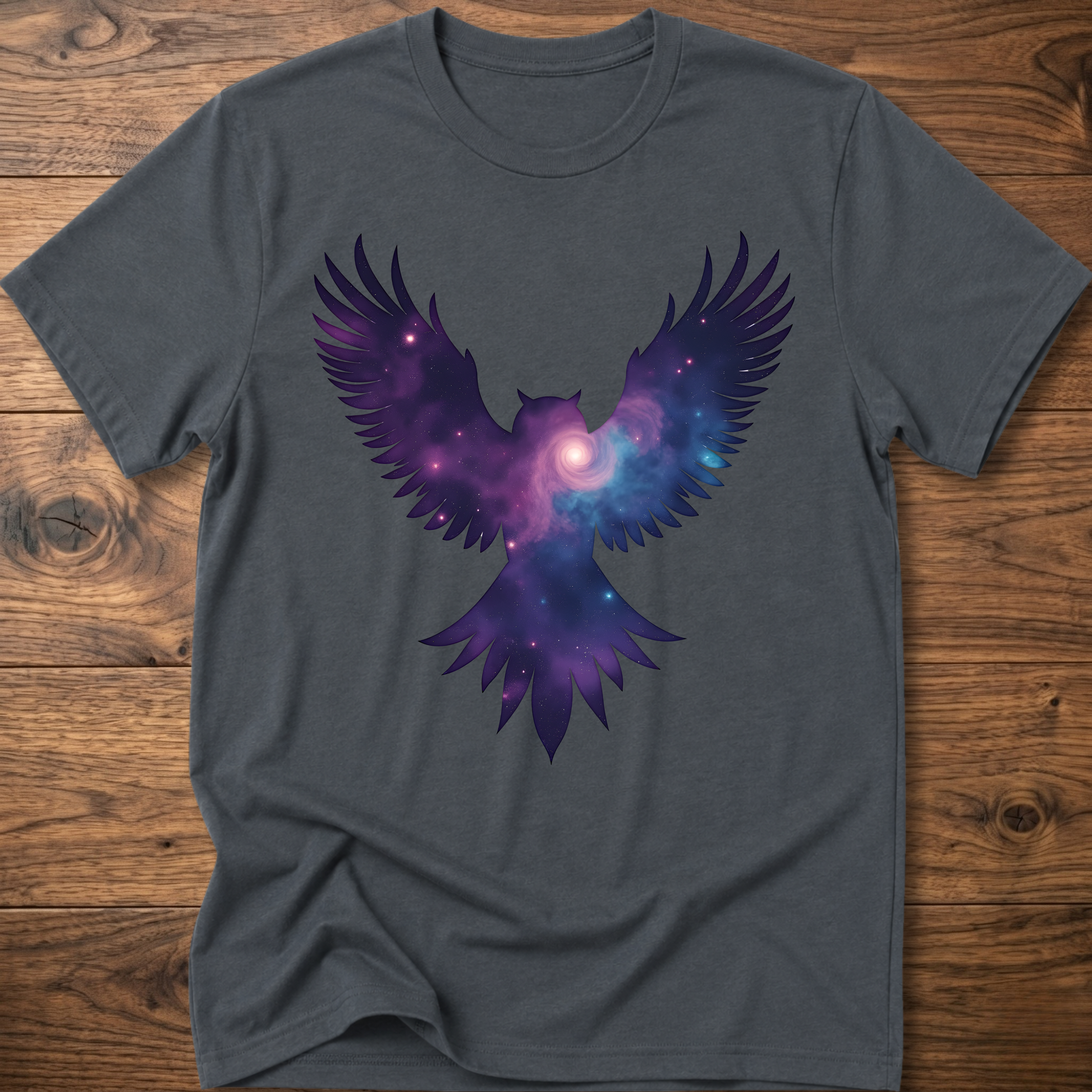 Dark gray crew-neck T-shirt with galaxy owl wings graphic in purple and blue