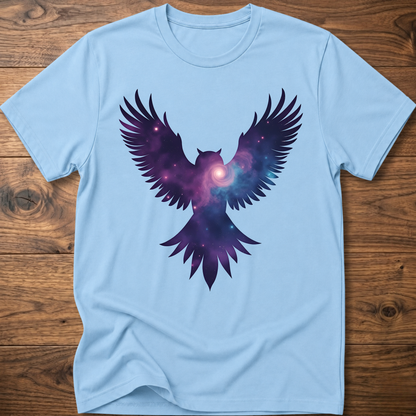 Light blue crew-neck T-shirt with galaxy owl wings graphic in purple and blue