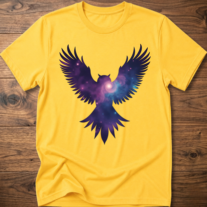 Mustard yellow crew-neck T-shirt with galaxy owl wings graphic in purple and blue
