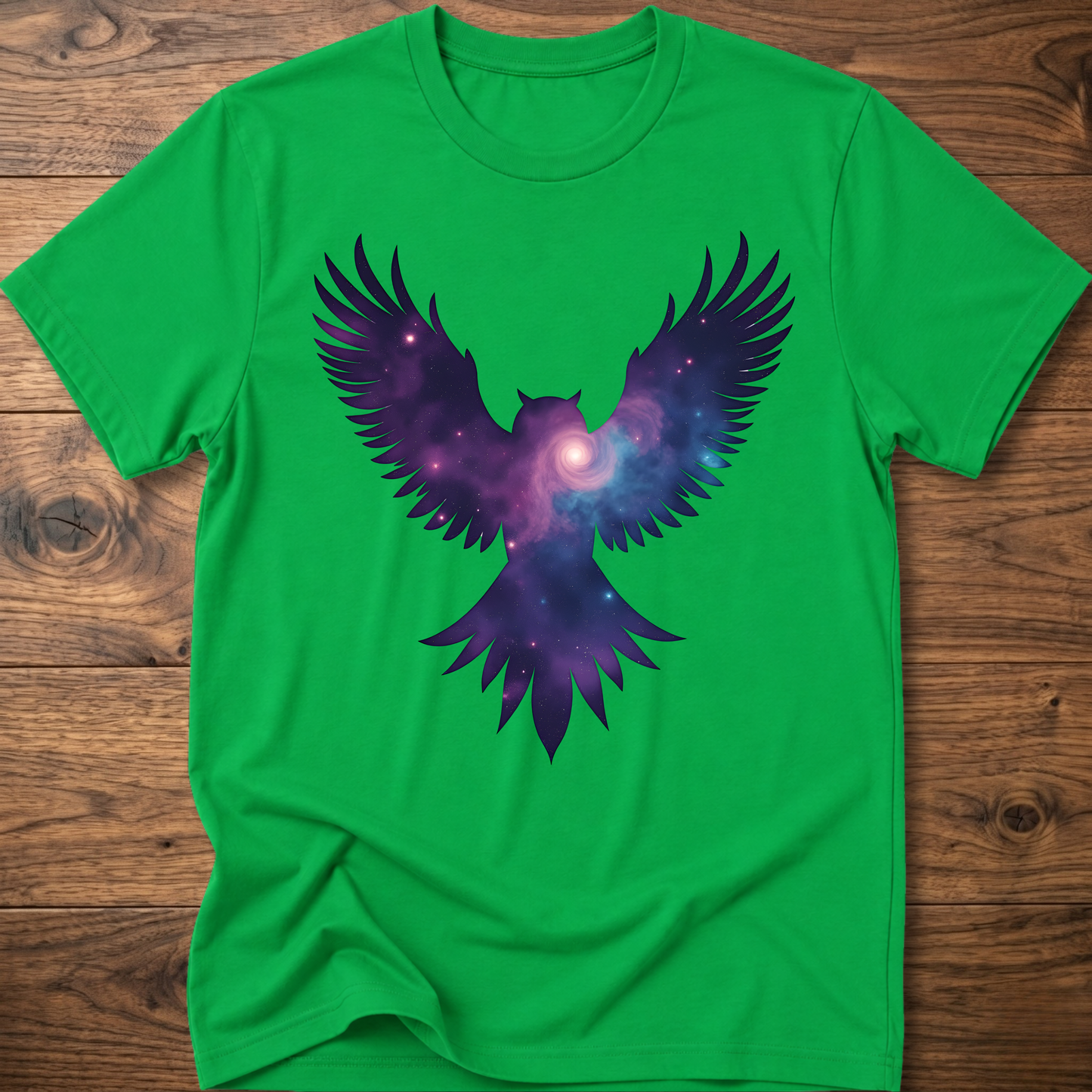 Green crew-neck T-shirt with galaxy owl wings graphic in purple and blue