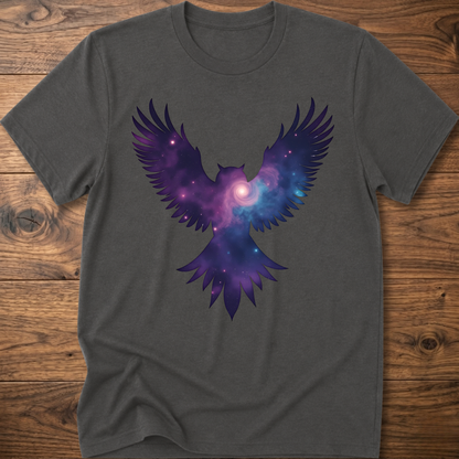 Charcoal crew-neck T-shirt with galaxy owl wings graphic in purple and blue