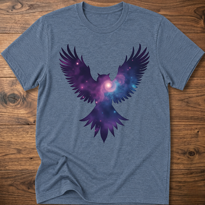 Heather blue crew-neck T-shirt with galaxy owl wings graphic in purple and blue