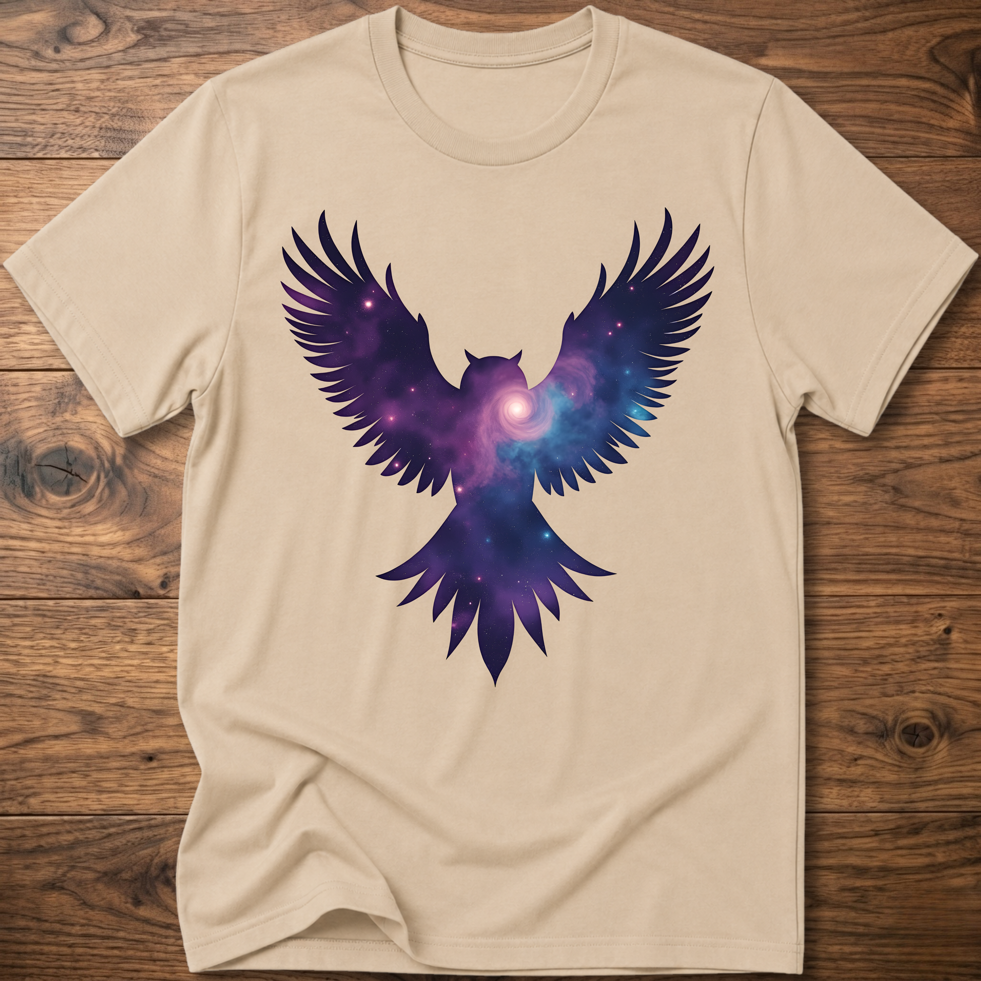 Sand crew-neck T-shirt with galaxy owl wings graphic in purple and blue