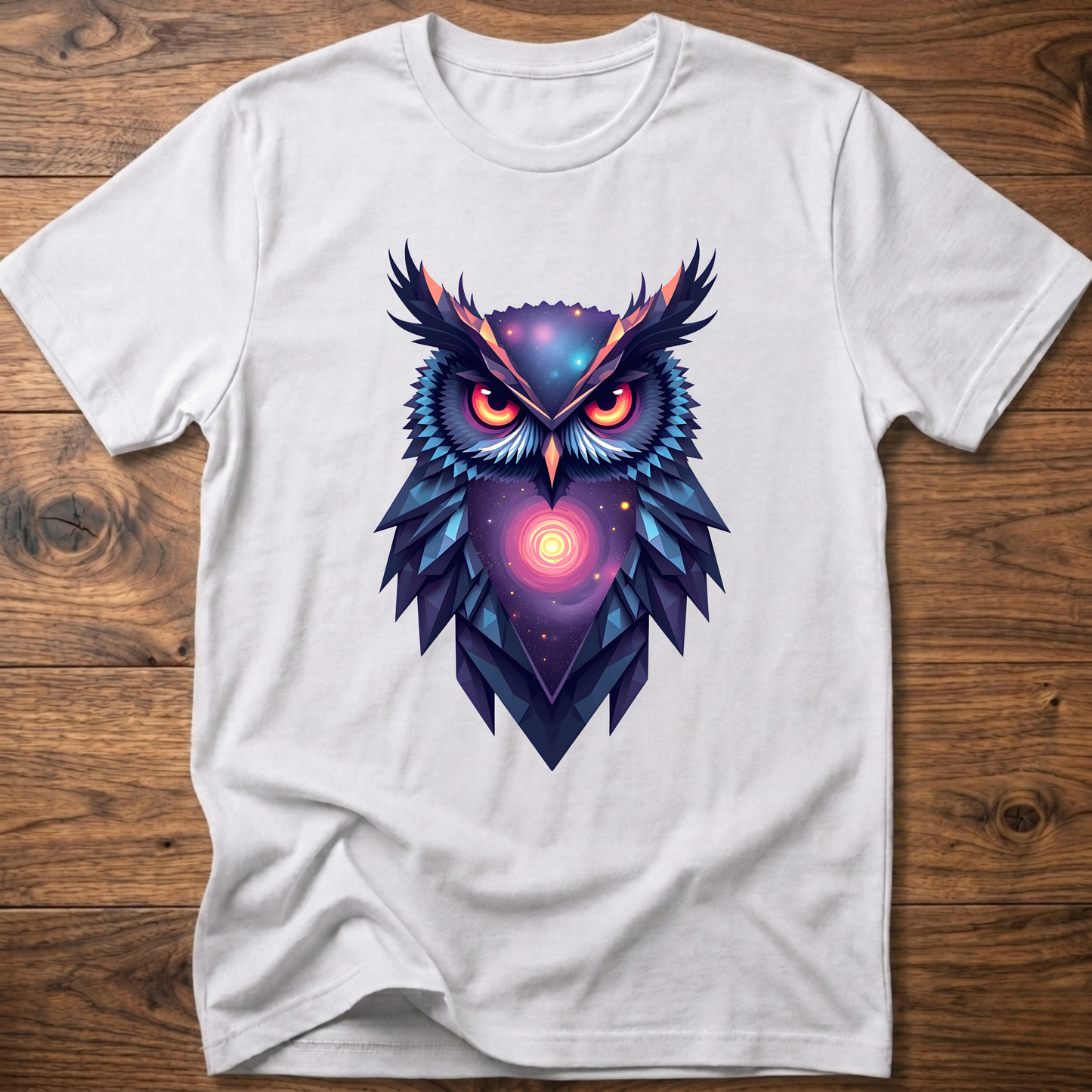 White graphic owl t-shirt with colorful galaxy geometric owl front print
