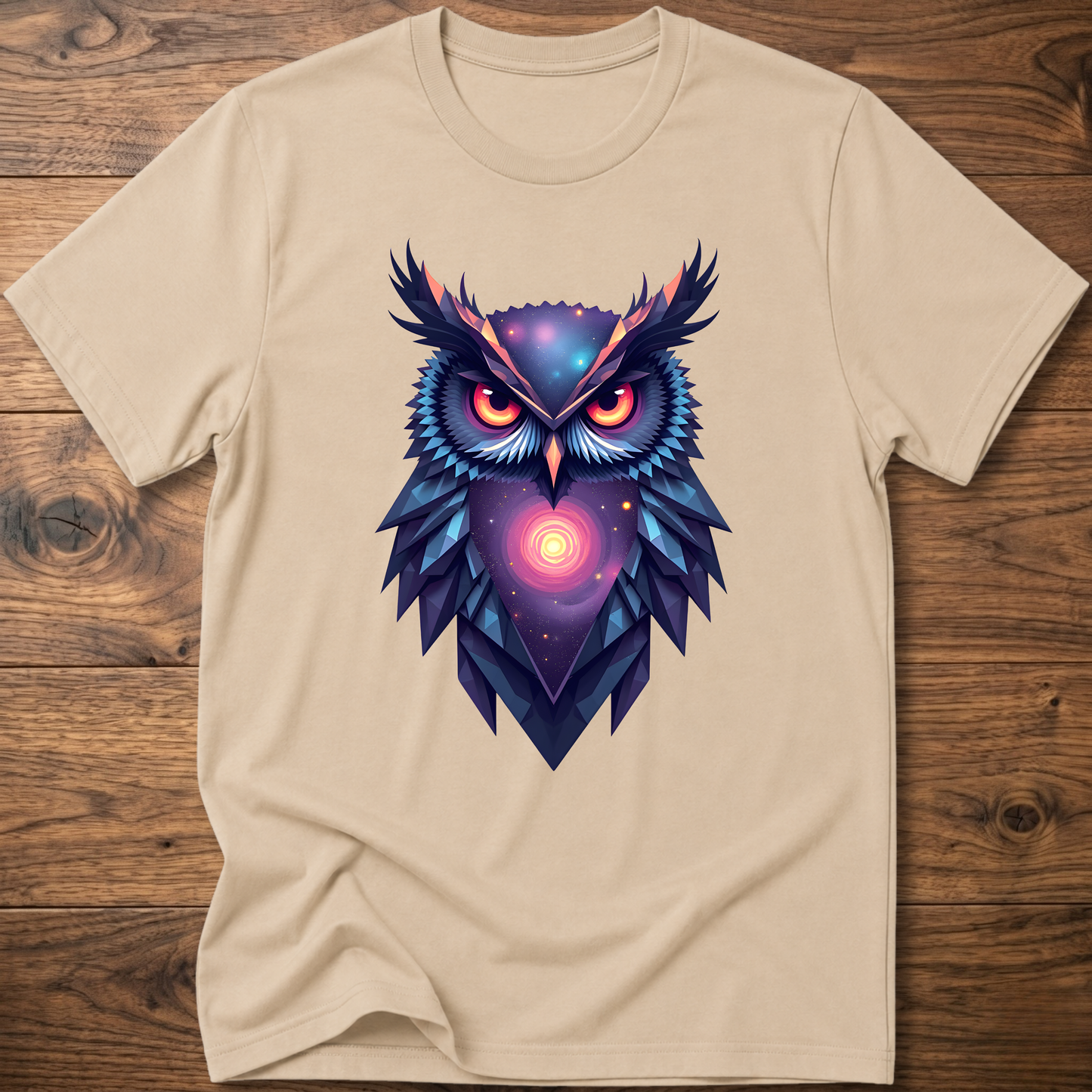 Sand graphic owl t-shirt with colorful galaxy geometric owl front print