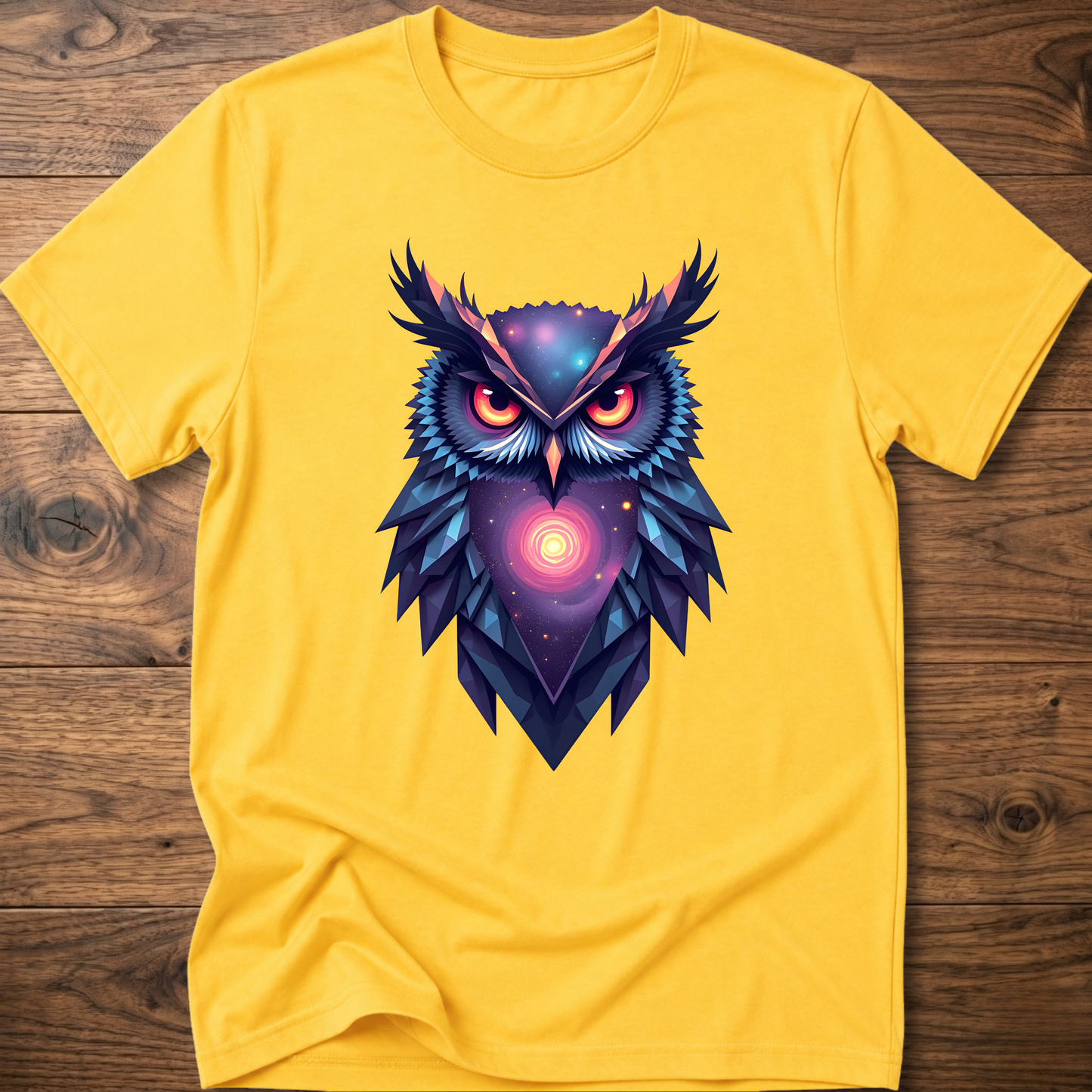 Daisy yellow graphic owl t-shirt with colorful galaxy owl front print
