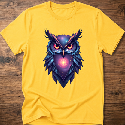 Daisy yellow graphic owl t-shirt with colorful galaxy owl front print