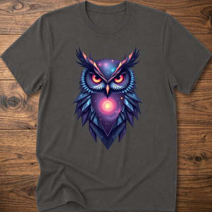 Charcoal graphic owl t-shirt with colorful galaxy geometric owl front print