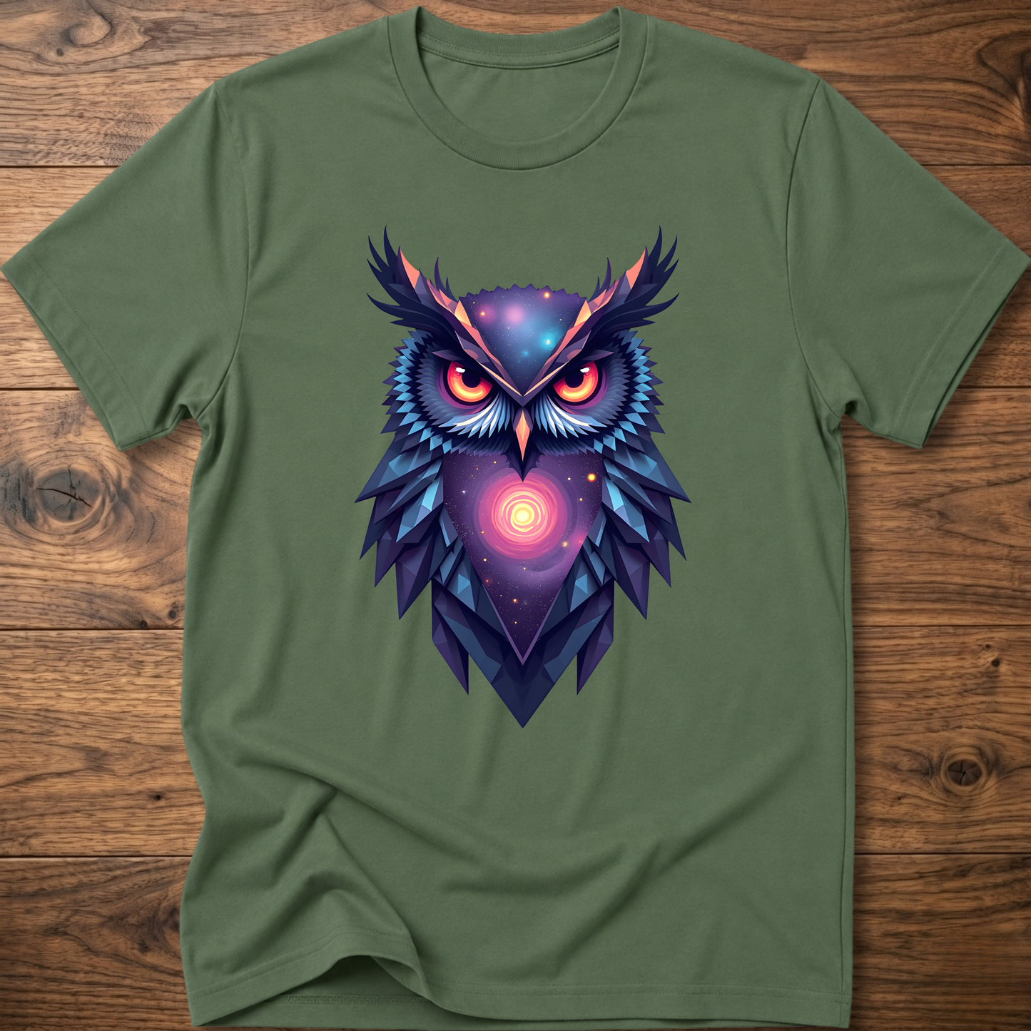 Military green graphic owl t-shirt with colorful galaxy owl front print
