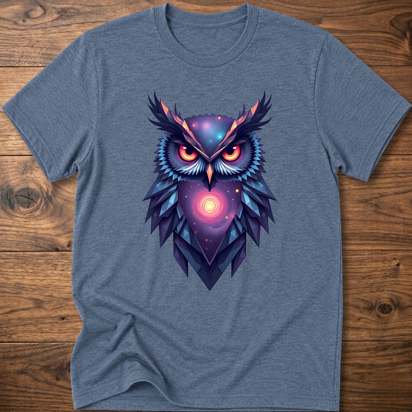 Dark heather blue graphic owl t-shirt with colorful galaxy owl front print