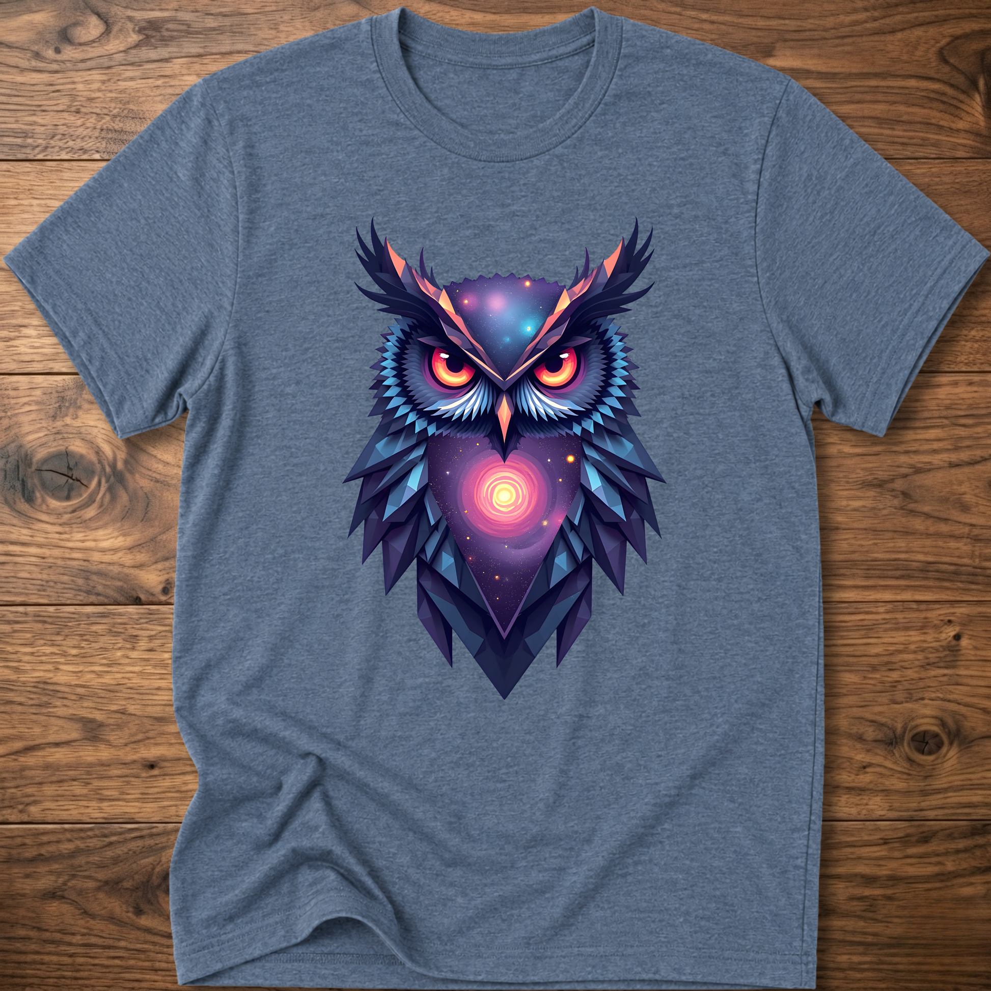 Dark heather blue graphic owl t-shirt with colorful galaxy owl front print