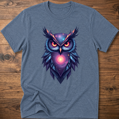 Dark heather blue graphic owl t-shirt with colorful galaxy owl front print
