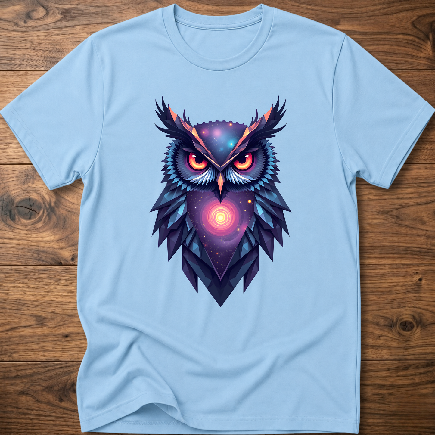 Light blue graphic owl t-shirt with colorful galaxy geometric owl front print