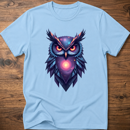 Light blue graphic owl t-shirt with colorful galaxy geometric owl front print