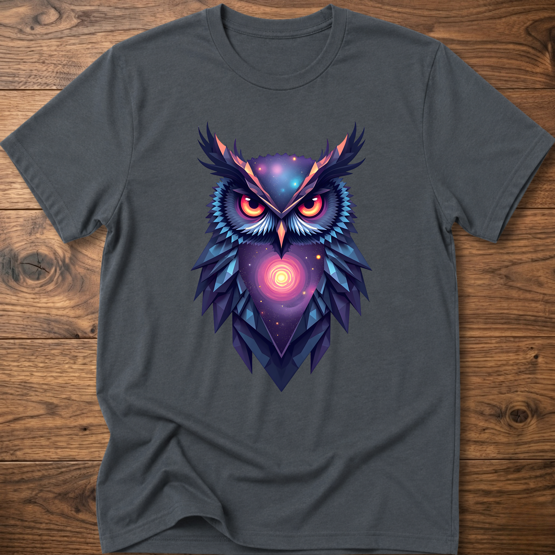 Dark gray graphic owl t-shirt with colorful galaxy geometric owl front print
