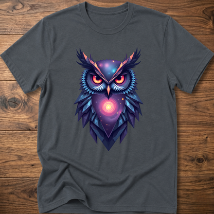 Dark gray graphic owl t-shirt with colorful galaxy geometric owl front print