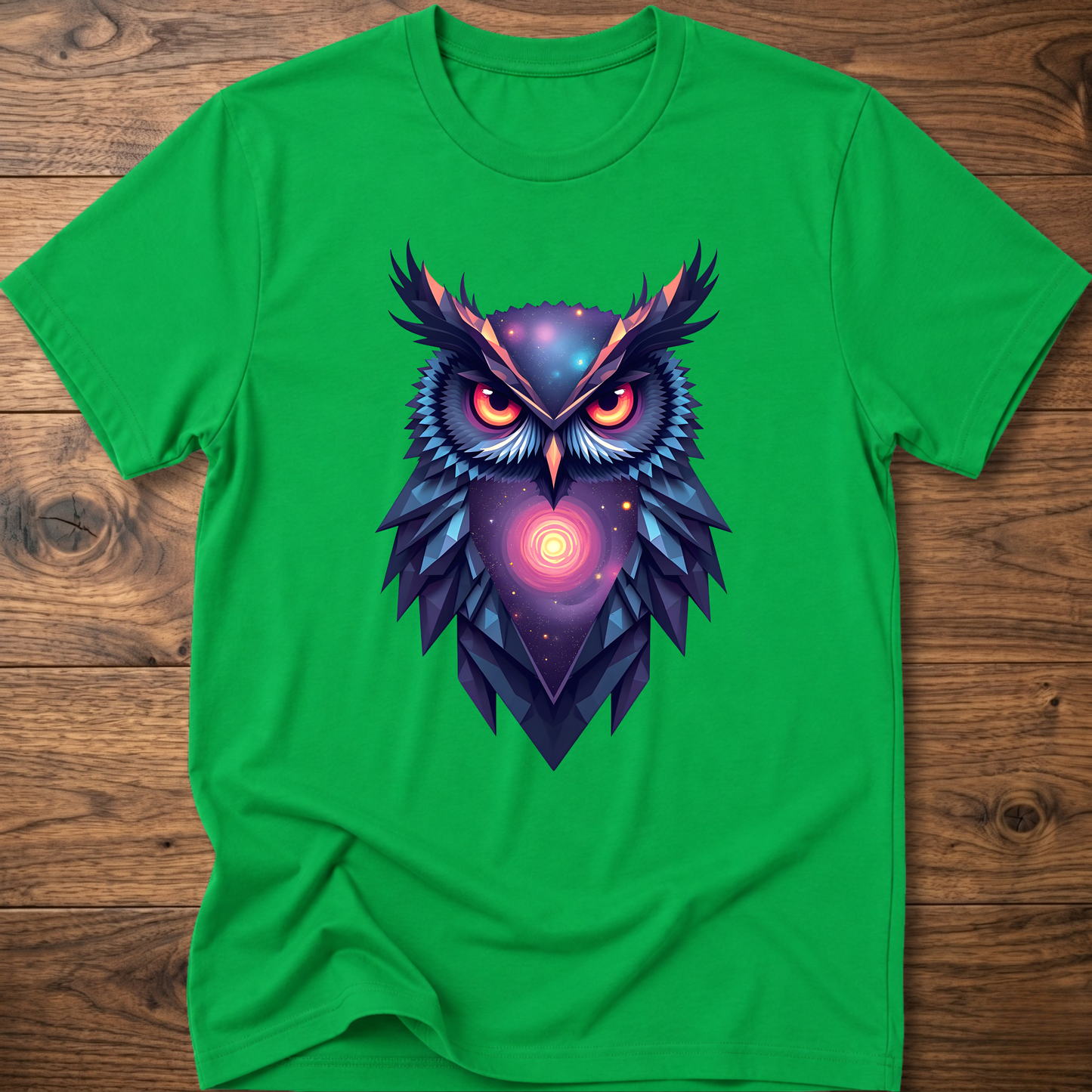 Green graphic owl t-shirt with colorful galaxy geometric owl front print