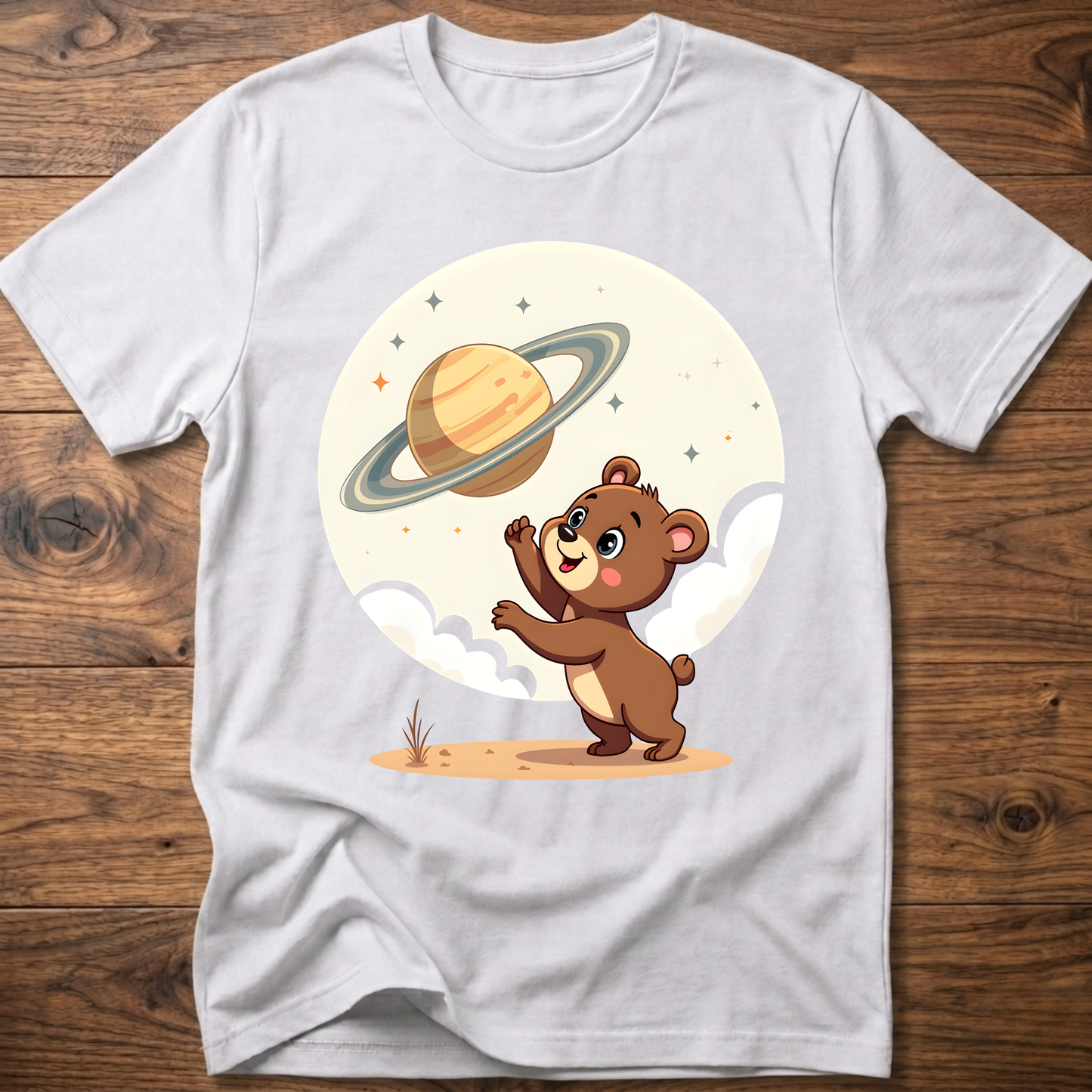 White teddy bear graphic t-shirt with Saturn planet and cartoon bear on front