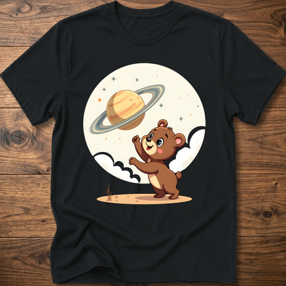Black teddy bear graphic t-shirt with Saturn planet and cartoon bear on front