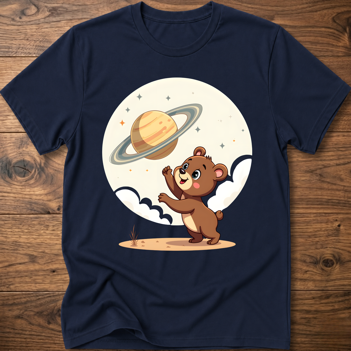 Navy teddy bear graphic t-shirt with Saturn planet and cartoon bear on front