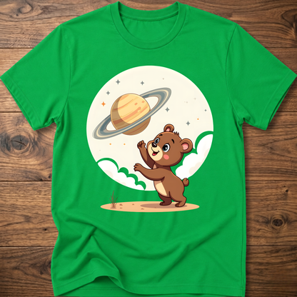 Green teddy bear graphic t-shirt with Saturn planet and cartoon bear on front