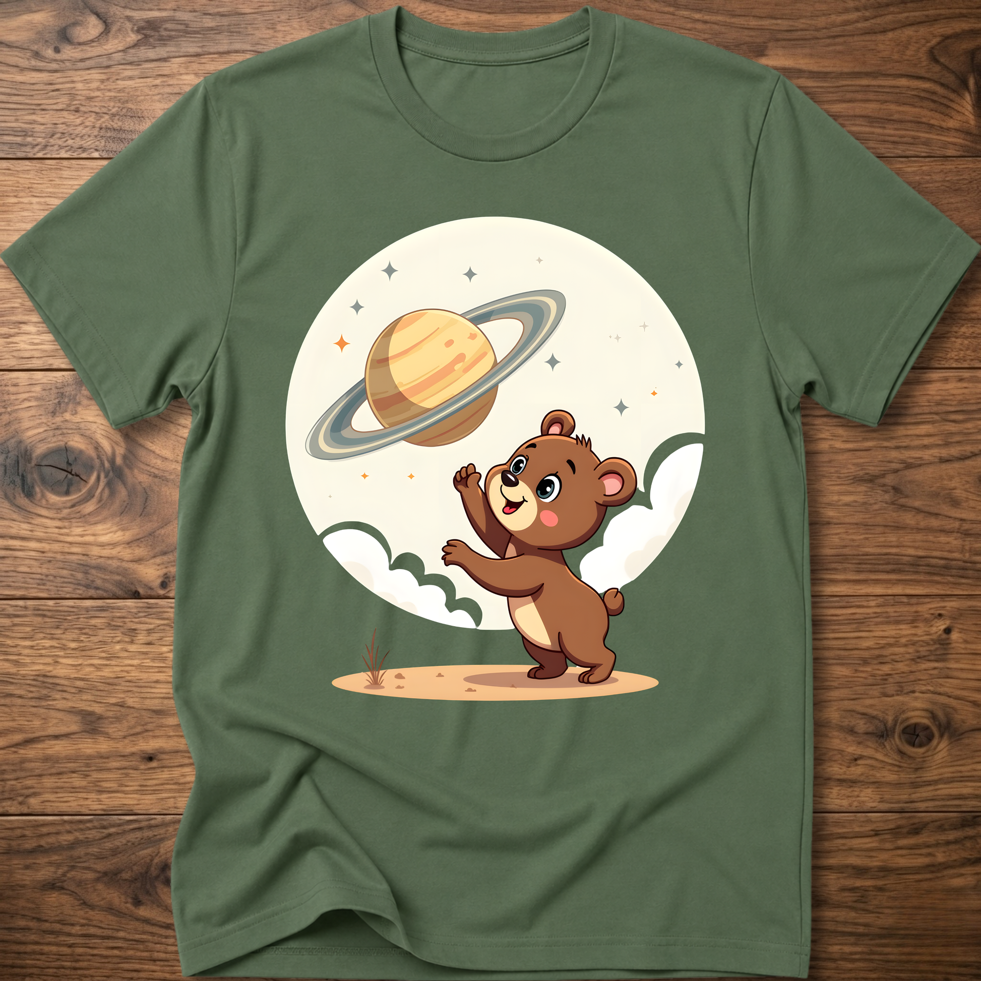 Olive green teddy bear graphic t-shirt with Saturn planet and cartoon bear on front