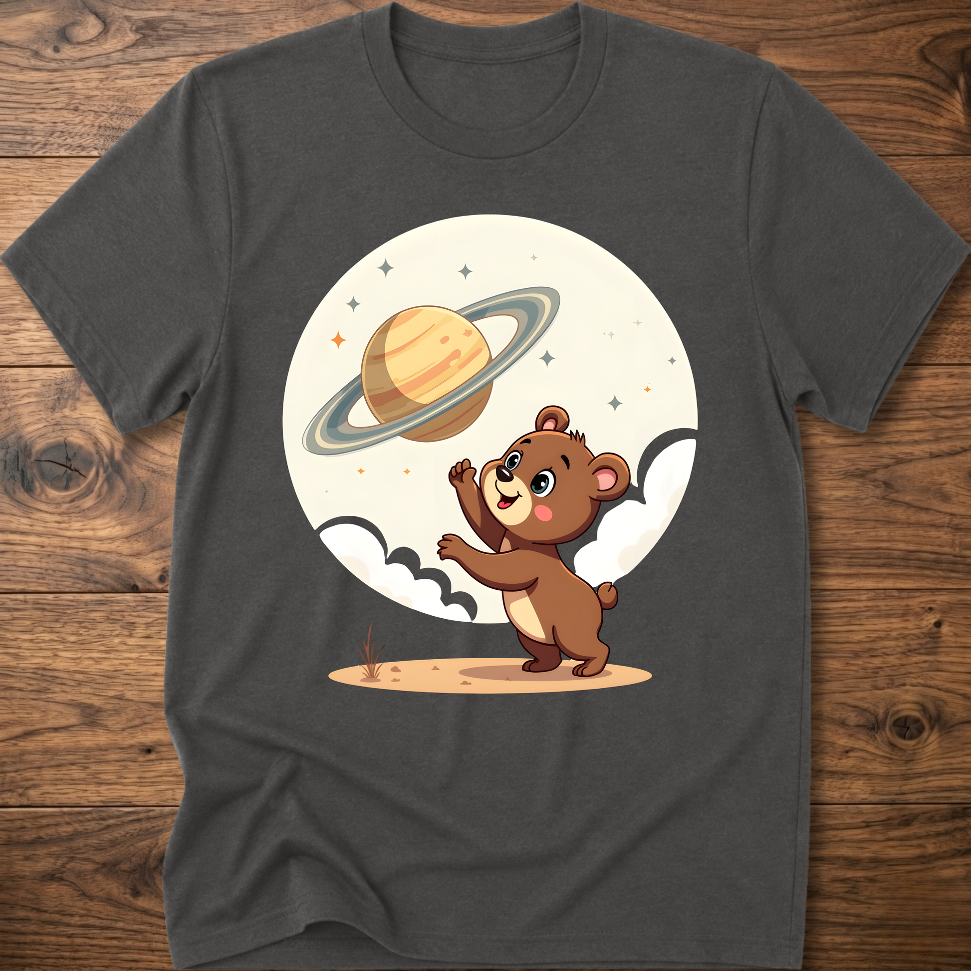 Charcoal gray teddy bear graphic t-shirt with Saturn planet and cartoon bear on front