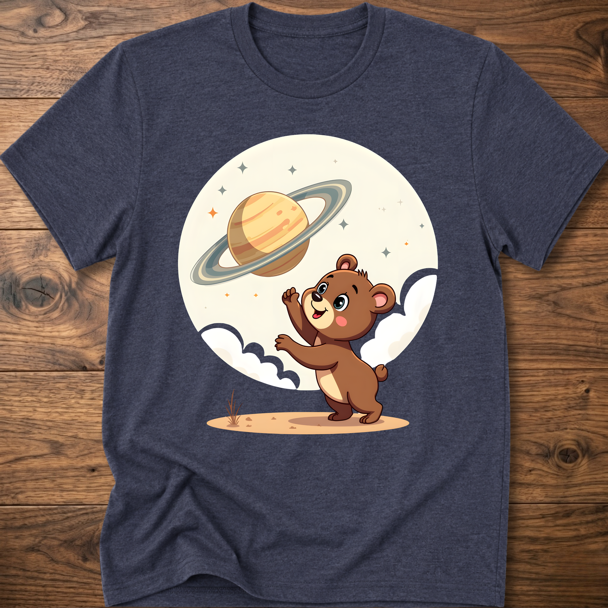 Heather navy teddy bear graphic t-shirt with Saturn planet and cartoon bear on front
