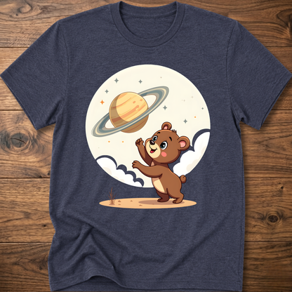 Heather navy teddy bear graphic t-shirt with Saturn planet and cartoon bear on front