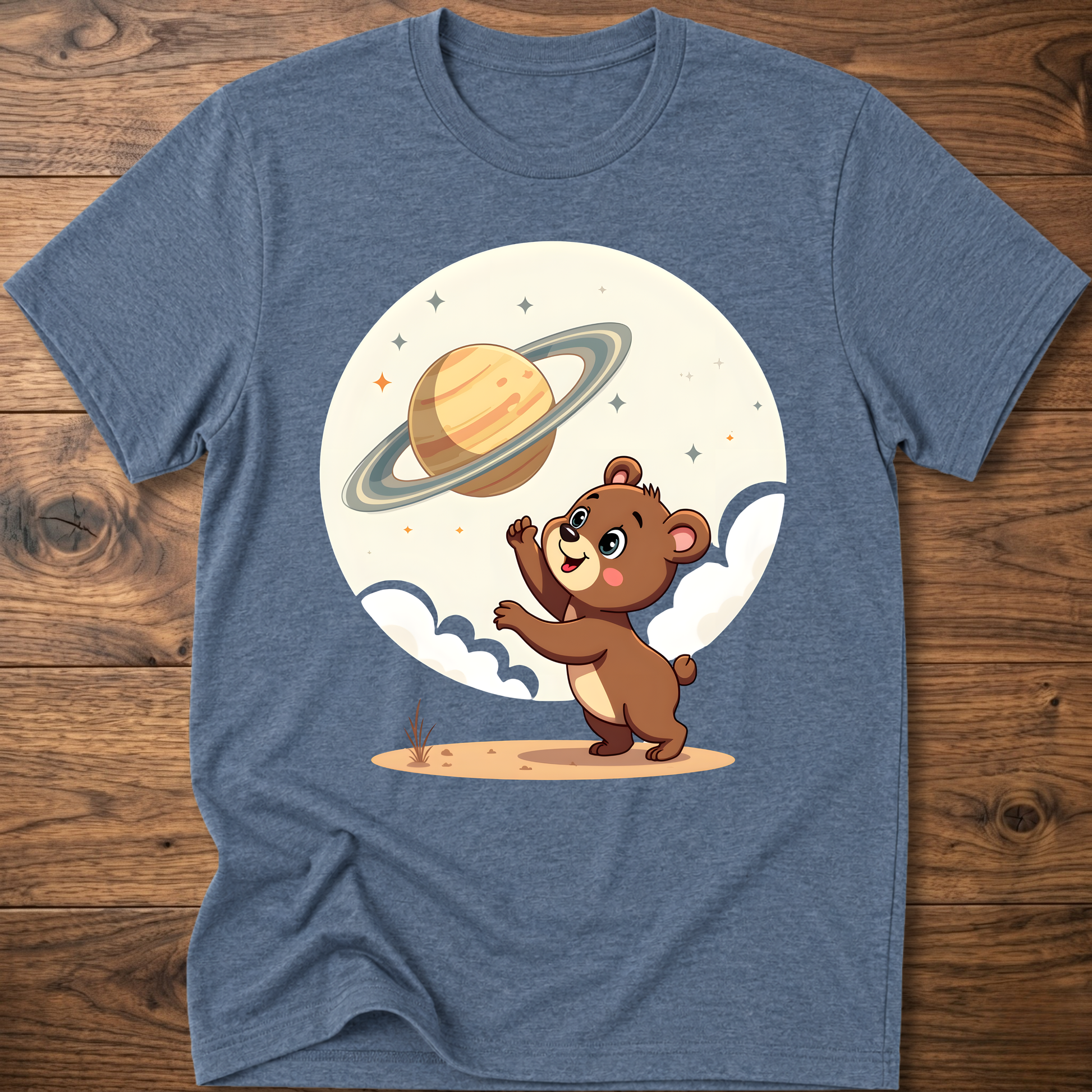 Heather blue teddy bear graphic t-shirt with Saturn planet and cartoon bear on front