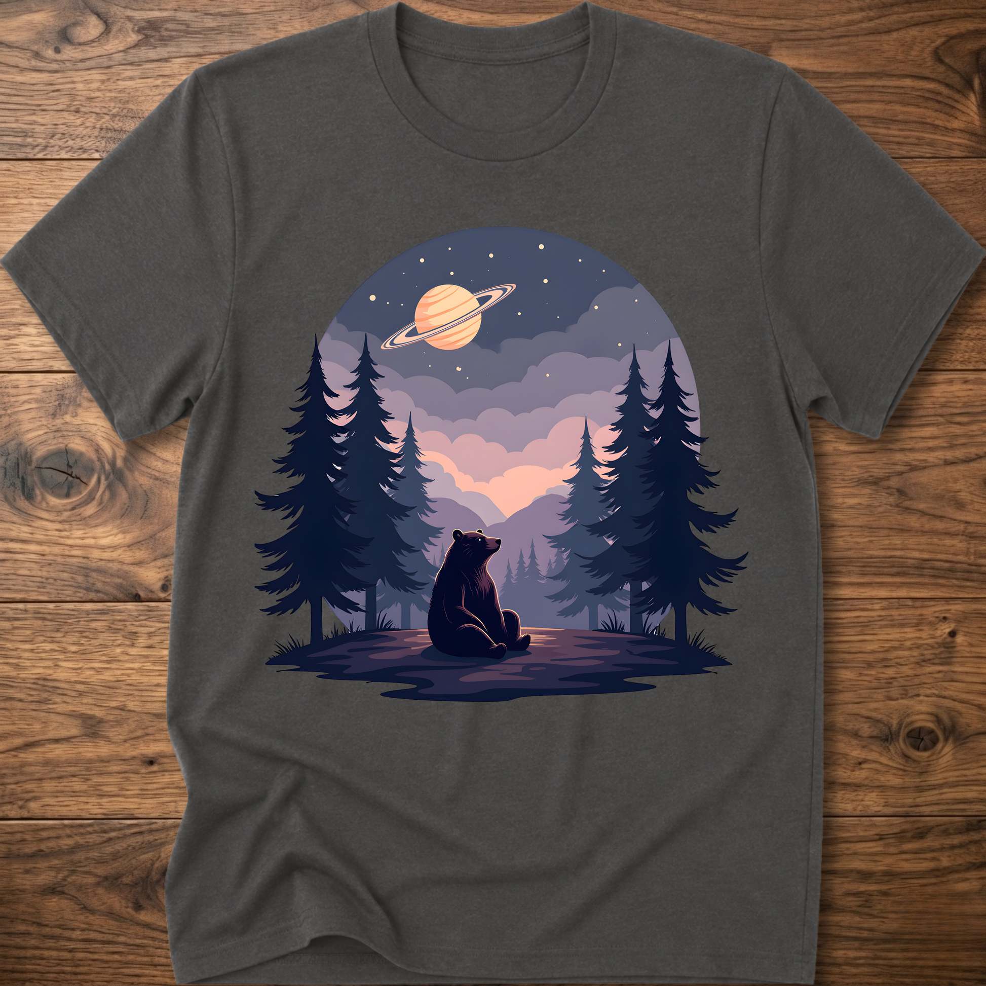 Charcoal gray t-shirt with night sky bear graphic, ringed planet and pine trees
