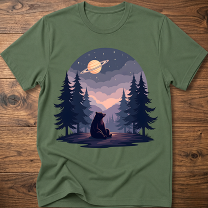 Dark green t-shirt with night sky bear graphic, ringed planet and pine trees