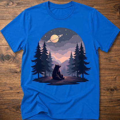 Royal blue t-shirt with night sky bear graphic, ringed planet and pine trees