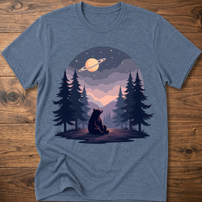 Blue-gray t-shirt with night sky bear graphic, ringed planet and pine trees
